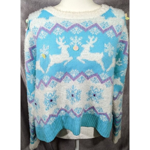 33 Degrees Retro Sequin Reindeer Blue And White Holiday Sweater - Picture 5 of 7